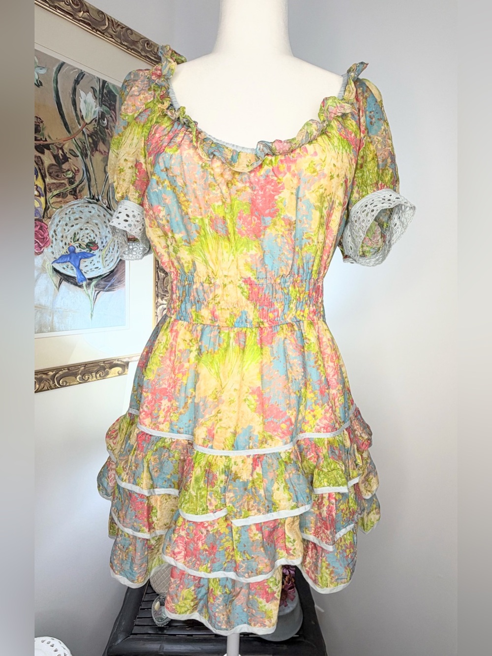 LoveShackFancy Womens S Floral Cotton Silk Mini Dress Ruffle Eyelet Tiered